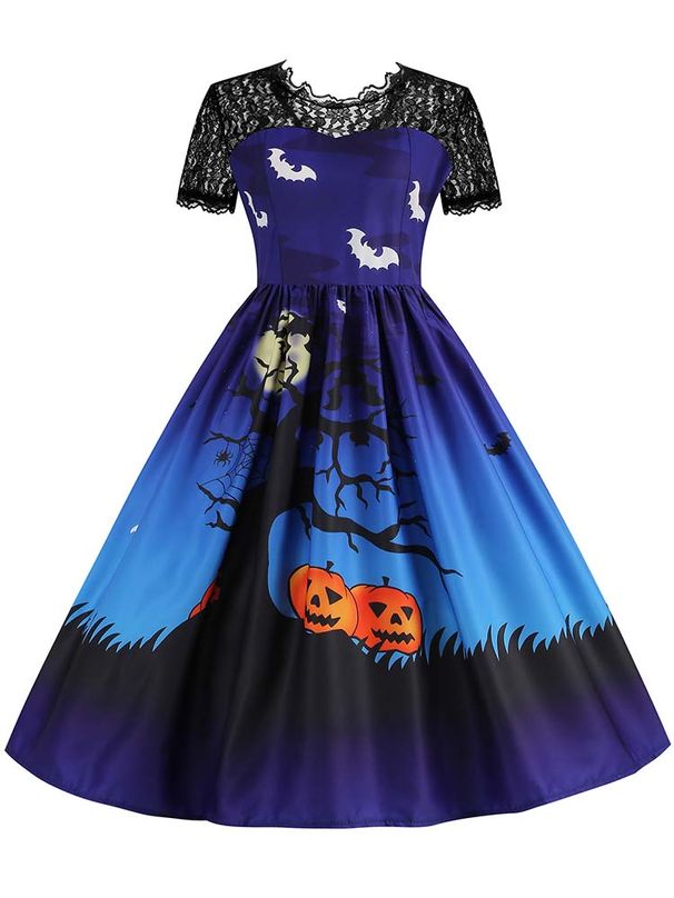 Women's Vintage Lace Halloween Dress Short Sleeve Elegant Evening Prom Costume 50s 60s Party Vintage Style_ecoleips.com