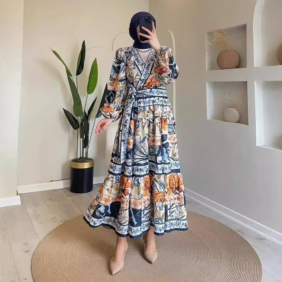 Women’s Clothing Autumn New Women's Fashion Printed V Neck Tie Waist Long Sleeved Dress_ecoleips.com