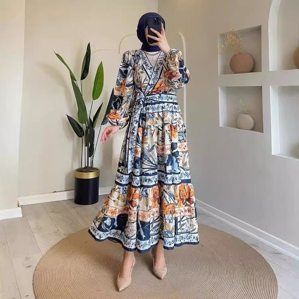 Women’s Clothing Autumn New Women's Fashion Printed V Neck Tie Waist Long Sleeved Dress_ecoleips.com
