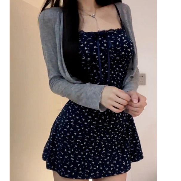 Blue Floral Print Halter Dress Women's Spring 2025 New Small Size Beach Vacation High Waist Short Skirt Commute Style Soft Fa..._ecoleips.com