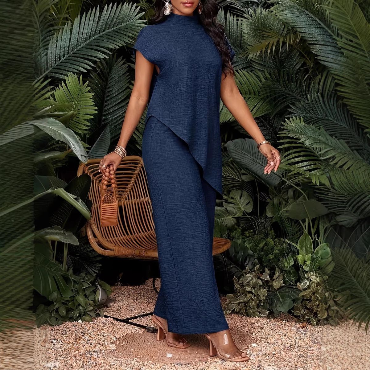 Bohemian Asymmetrical Hem Top & Pants Set – Lightweight Polyester Summer Outfit (Mint Green/Brown/Wine/Beige/Navy, S-XXL)_ecoleips.com