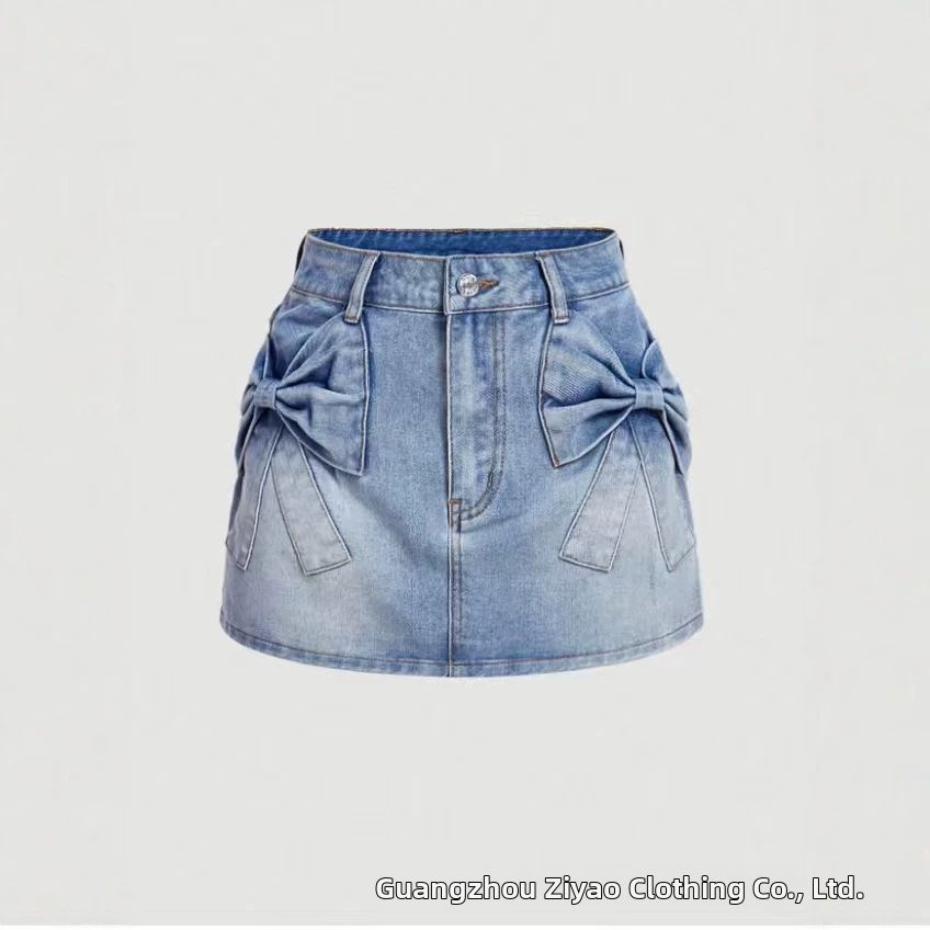 Summer New Arrival Women's Denim Mini Skirt Cute Bow Detail Straight Cut High Waist Mini Skirt for Women_ecoleips.com