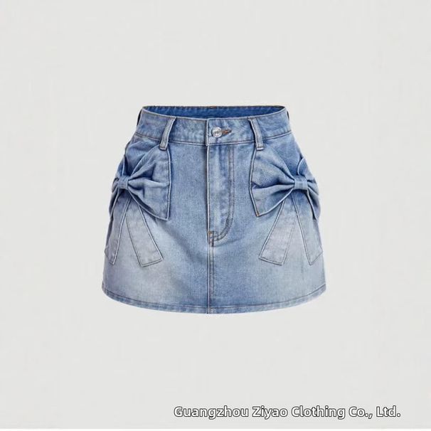 Summer New Arrival Women's Denim Mini Skirt Cute Bow Detail Straight Cut High Waist Mini Skirt for Women_ecoleips.com