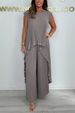 Leisure Suits Pleated Short Sleeved Irregular Long Tops Wide Leg Pants Two Piece Suit_ecoleips.com