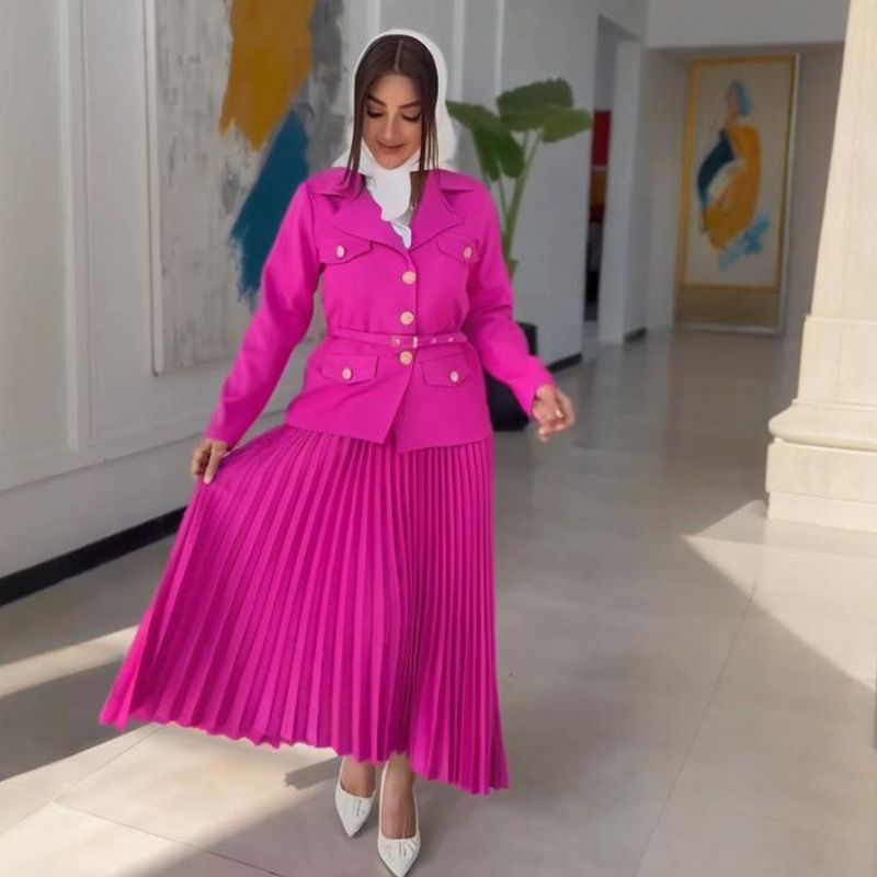 Women's Clothing Solid Color Temperament Lapel Suit Pleated Skirt Suit_ecoleips.com