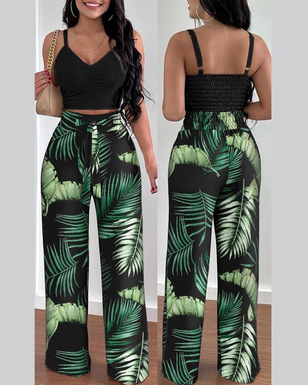 Women Fashion Print Halter V-Neck Short Tank Suit Tops Long Pants Matching Set Summer Casual Female Slim Pants Two Piece Sets_ecoleips.com
