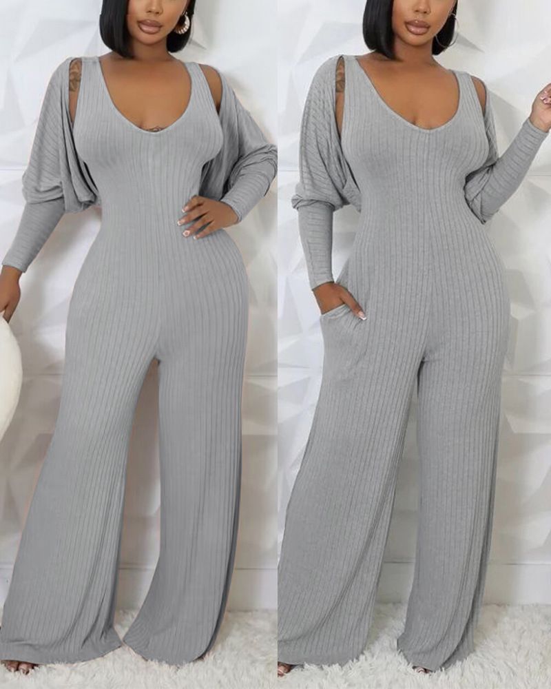 Women's Clothing Solid Color Brushed Pit Stripe V Neck Wide Leg Wide Leg Pants + Lamb Leg Sleeve Cardigan_ecoleips.com
