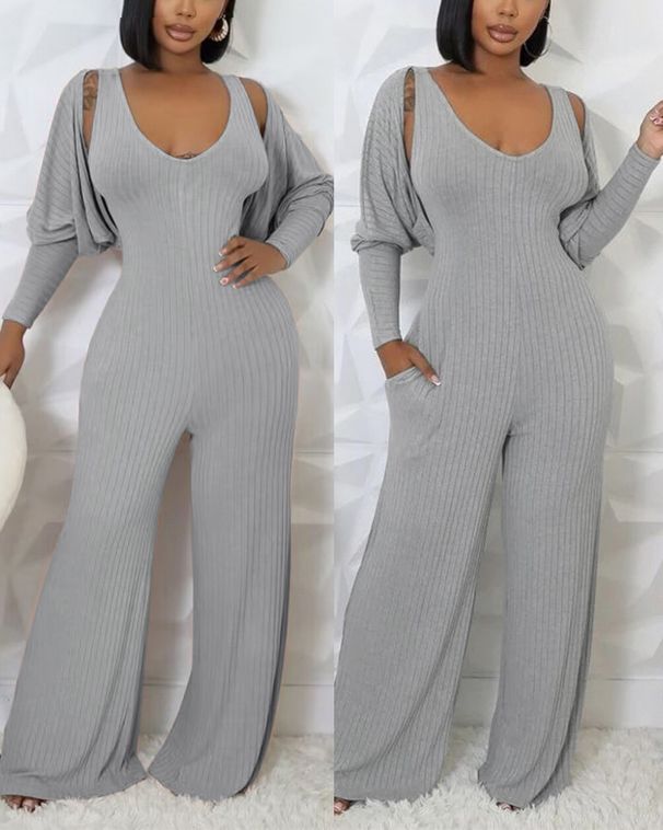 Women's Clothing Solid Color Brushed Pit Stripe V Neck Wide Leg Wide Leg Pants + Lamb Leg Sleeve Cardigan_ecoleips.com