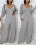 Women's Clothing Solid Color Brushed Pit Stripe V Neck Wide Leg Wide Leg Pants + Lamb Leg Sleeve Cardigan_ecoleips.com