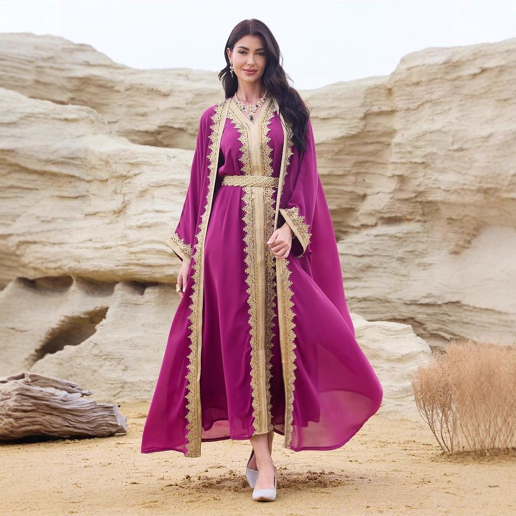 Entu 3002 Women's Muslim Ribbon Patchwork Long Robe Two-Piece Set With Belt Chiffon Dress_ecoleips.com