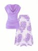 Women's Clothing Elegant Solid Color Draped T Shirt With Floral Print Skirt Sets_ecoleips.com