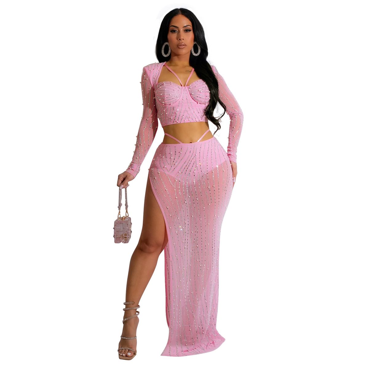 Women's Clothing Fashion Women's Solid Color Mesh Hot Diamond Long Sleeved Long Skirt Two Piece Set_ecoleips.com