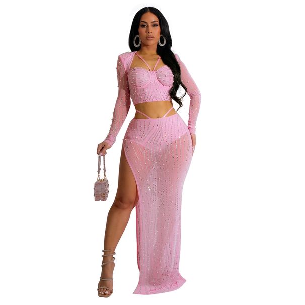 Women's Clothing Fashion Women's Solid Color Mesh Hot Diamond Long Sleeved Long Skirt Two Piece Set_ecoleips.com