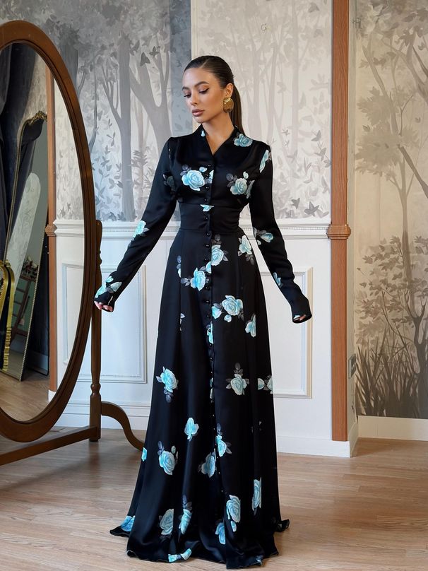 Elegant Floral Print V-Neck A-Line Maxi Dress With High Waist & Long Sleeves – Polyester Blend Comfort For Women_ecoleips.com