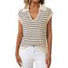 Breathable V-Neck Stripe Knit Top For Women, Lightweight Summer Sweater With Lapel Collar, Casual Chic Blouse_ecoleips.com