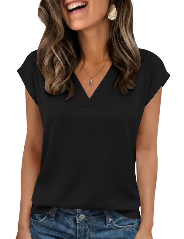 Rapbin Womens V Neck Tops Short Sleeve Cap Sleeve Blouses Dressy Casual Basic Tees Summer Spring Outfits_ecoleips.com