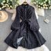 Elegant Retro Style Women's Dress Stand Up Collar Single Breasted Lantern Sleeve Slimming Waist Rhinestone Embellishments High End_ecoleips.com