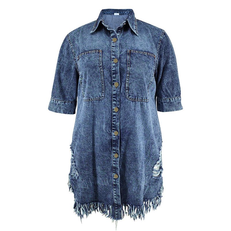 K Large Size Women's New Denim Ripped Tassel Short Sleeved Lapel Dress_ecoleips.com