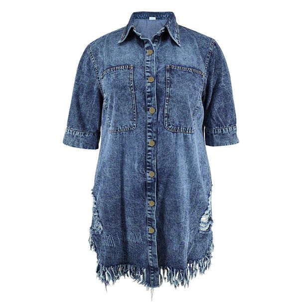 K Large Size Women's New Denim Ripped Tassel Short Sleeved Lapel Dress_ecoleips.com