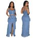 Women's Clothing New Fashion Sexy Zipper Suspender Top Slit Long Skirt Pocket Workwear Denim Suit_ecoleips.com