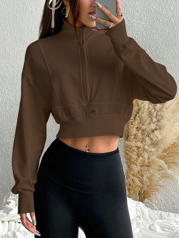 Voya Women's Versatile Brown Short Hoodie For Spring And Summer, Women's Stand Up Collar Zipper, American Retro Style Loose Casual Sports Top_ecoleips.com