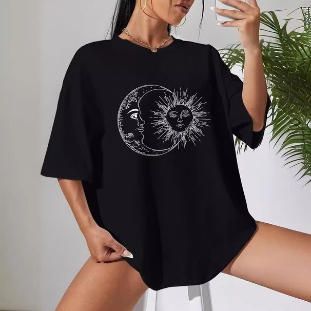 Women's Casual Loose T-Shirt round Neck Short Sleeve Sun And Moon Print Simple Sports Top European American Style Summer Wear_ecoleips.com