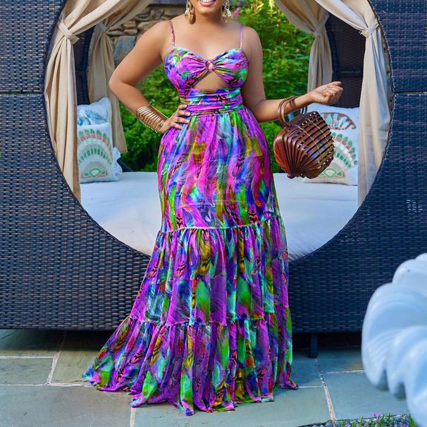 Plus Size Women's Suspender Sexy Printed Sleeveless Backless Dress_ecoleips.com