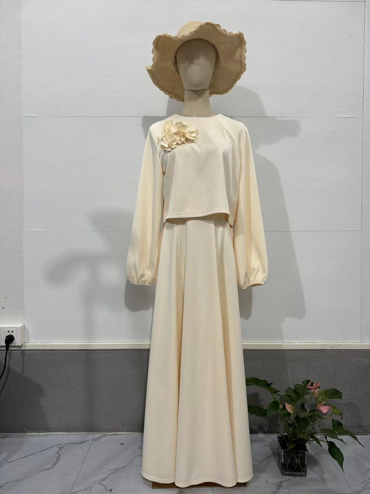 New Middle East Dubai Flower Lantern Sleeve Loose Dress Women's Skirt Suit Two Piece Suit_ecoleips.com