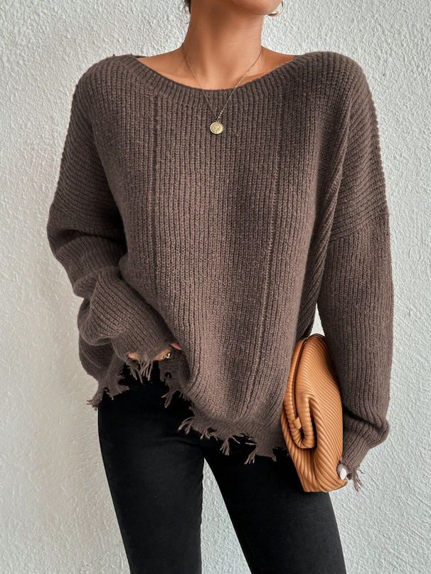 Women's Clothing Women's Autumn And Winter Solid Color Round Neck Design Hole Loose Large Size Knitted Sweater_ecoleips.com