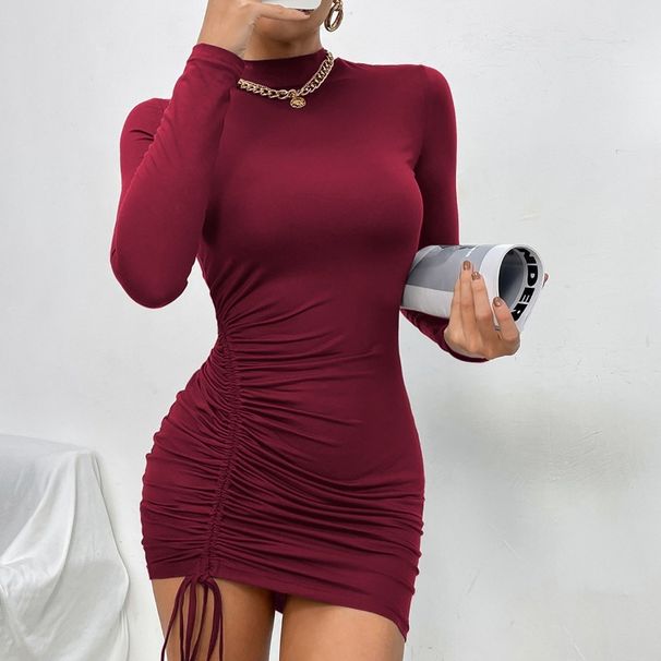 New Dresses 2025 Woman Fashion Summer High-neck Purple Long-sleeved Pleated Tie-up Dress Skirt Women's Clothing_ecoleips.com