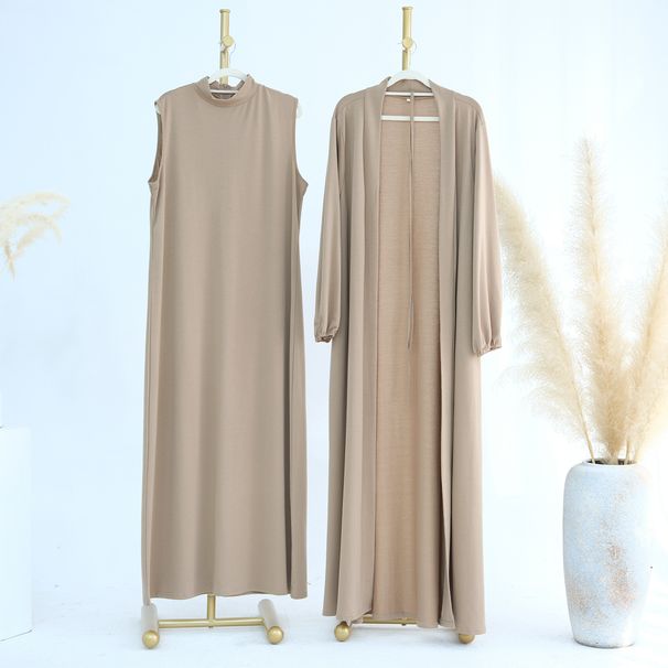 Voya Muslim Set Of Good Quality Women's Solid Color Two-piece Set, With Sleeveless Long Skirt On The Inside And Jacket On The Outside_ecoleips.com