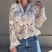 Elegant Lace Crochet V-Neck Knit Top For Women - Breathable Cotton Blend Openwork Blouse With Single Button Closure_ecoleips.com