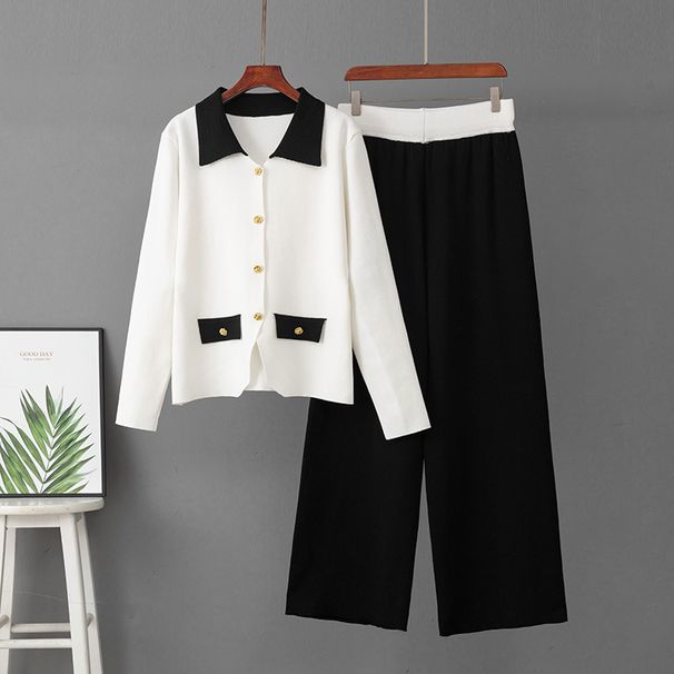 Women's Knitted Polo Collar Cardigan And Wide Leg Pants Set Autumn Winter Fashion Casual Versatile Two Piece Sweater_ecoleips.com