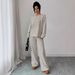 Women's Casual Loose Fitting Striped Trousers Suit with Tie Waist round Neck Long Sleeved Top European And American Style Autumn Winter Collection_ecoleips.com