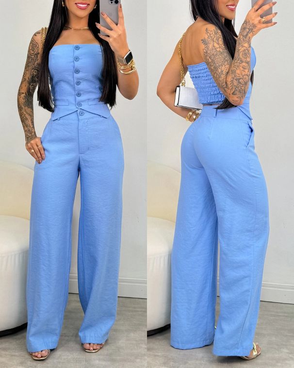 Women's Clothing Standing Tube Top Button Vest Opening Closing Placket Wide Leg Trousers Suit_ecoleips.com
