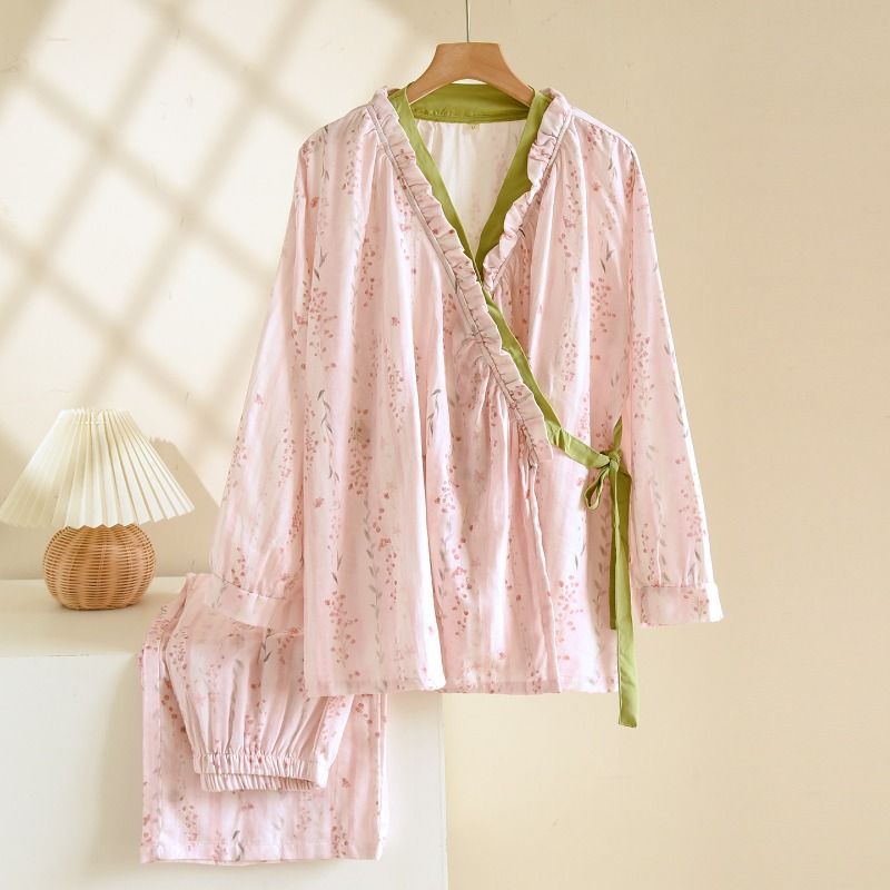 Japanese Kimono Style Pajama Set Women Ruffle V Neck 100% Cotton Crepe Loungewear Breathable Floral Sleepwear For Spring_ecoleips.com