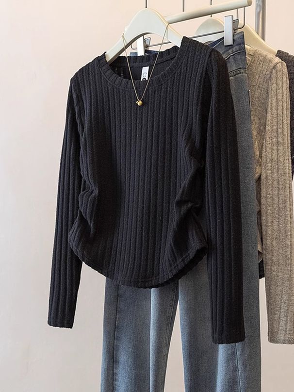 Women's Relaxed Fit Textured Base Layer Top with Ribbed Pleats Fitted Shoulders Slimming Waist Trendy Stylish_ecoleips.com