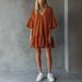 Women's Clothing Summer Ruffled V Neck Solid Color Loose Short Skirt American Style New_ecoleips.com
