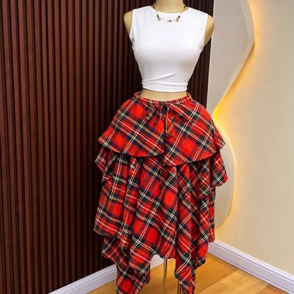 Summer High Waist Wrap Tie Plaid Midi Skirt - Asymmetrical A-Line Skirt For Women_ecoleips.com