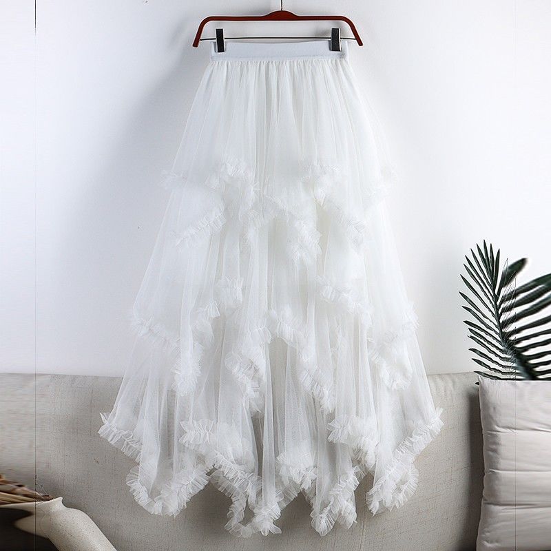 K Sweet Asymmetrical Mesh Skirt, New High-waisted Midi A-line Puffy Fairy Cake Skirt For Women._ecoleips.com