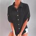 Women's Clothing Women's Mid-Length Shirt Cotton Linen Blend With Short Sleeves Pockets Turn Down Collar For Formal & Casual_ecoleips.com