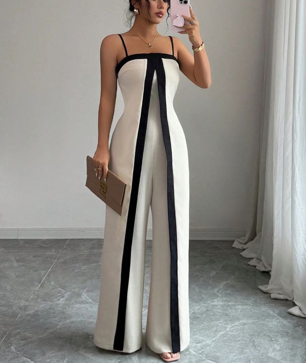 Voya Recommend! Women's 2026 Summer New Suspender Waist Cinching Slim Fit Contrasting Color Dress And Pants Set_ecoleips.com