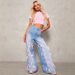 European And American Cross-border High-waisted Bow Patchwork Floor-length Wide-leg Jeans, Street-style Distressed Loose_ecoleips.com