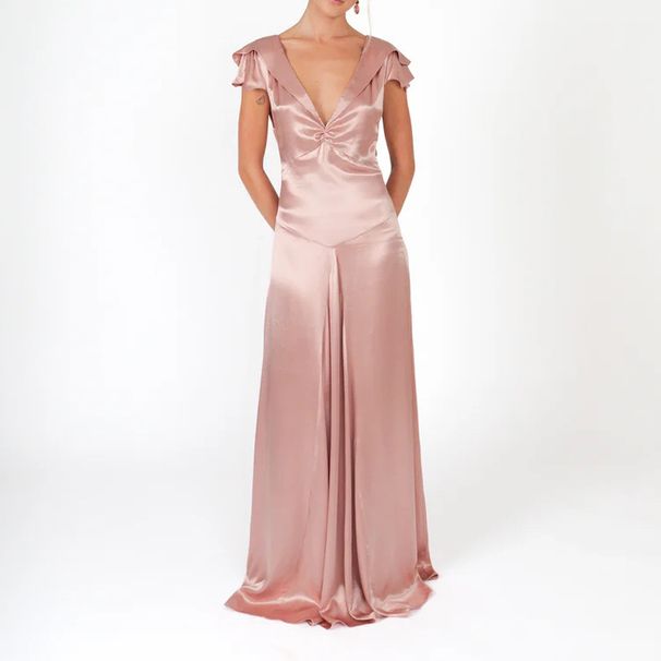 Ladies Elegant Ruffle Edge Backless Holiday Dress Casual Solid Color Party Long Dress 2026 New Spring Summer V-neck Satin Dress_ecoleips.com