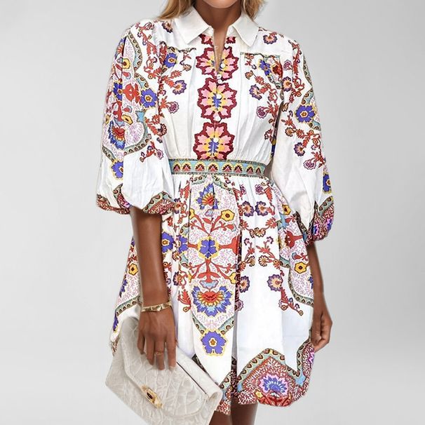 Women's Bohemian Ethnic Style Printed Dress Lantern Sleeve Spring New Arrival European American Fashion Cross Border E Commerce_ecoleips.com