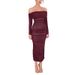 Burgundy Off-Shoulder Mesh Dress European American Style Long Sleeve Pleated Slim Fit Maxi Dress for Women Banquet Occasion_ecoleips.com