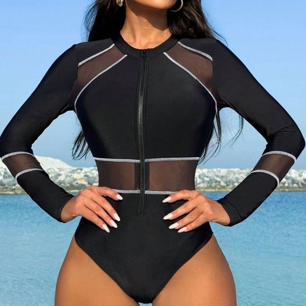 Women's Clothing Mesh Splicing Zipper Swimsuit Long Sleeves One Piece Swimsuit Surfing Suit_ecoleips.com