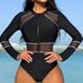 Women's Clothing Mesh Splicing Zipper Swimsuit Long Sleeves One Piece Swimsuit Surfing Suit_ecoleips.com