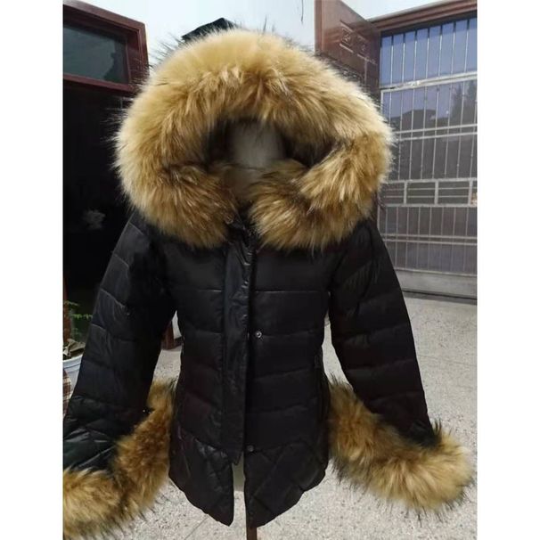 Women's Winter Hooded Down Jacket With Faux Raccoon Fur Trim, Slim Fit, Mid-Length, Warm Thick Polyester Puffer Coat For Cold Weather_ecoleips.com