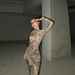 Women's 2024 Spring Summer New Fashion Personality Mesh Print Sheer High Neck Slim Fit Dress_ecoleips.com